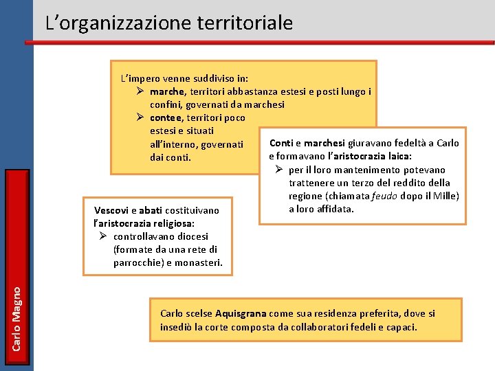 L’organizzazione territoriale Carlo Magno L’impero venne suddiviso in: Ø marche, territori abbastanza estesi e