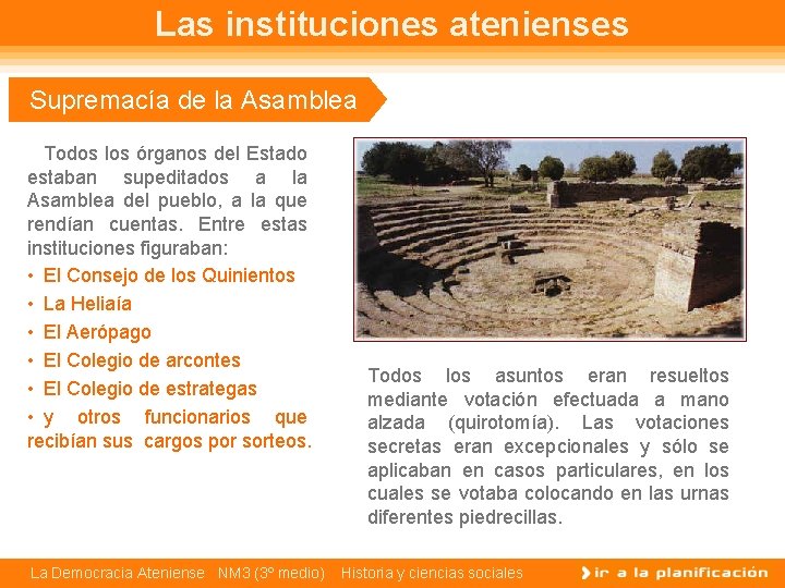 Las instituciones atenienses Supremacía de la Asamblea Todos los órganos del Estado estaban supeditados
