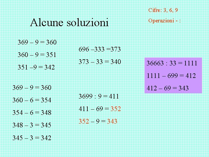 Cifre: 3, 6, 9 Alcune soluzioni 369 – 9 = 360 – 9 = Cifre: 3, 6, 9 Alcune soluzioni 369 – 9 = 360 – 9 =