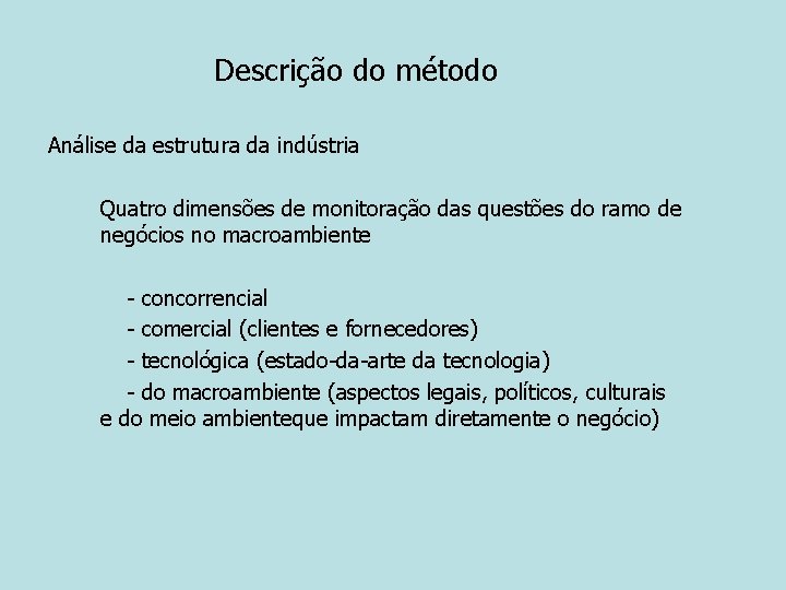 Descrição do método Análise da estrutura da indústria Quatro dimensões de monitoração das questões