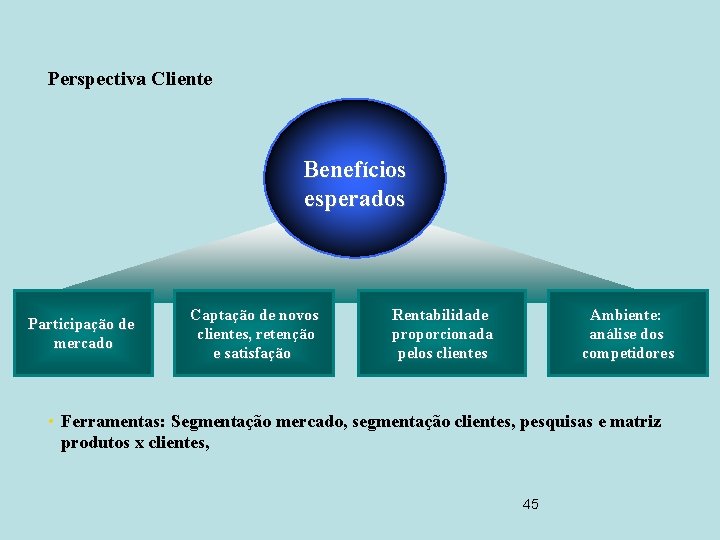 Perspectiva Cliente Benefícios esperados Participação de mercado Captação de novos clientes, retenção e satisfação