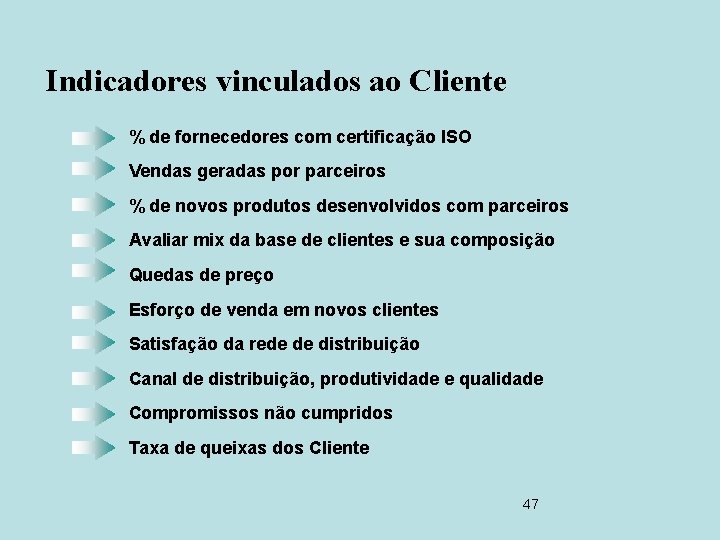 Indicadores vinculados ao Cliente % de fornecedores com certificação ISO Vendas geradas por parceiros