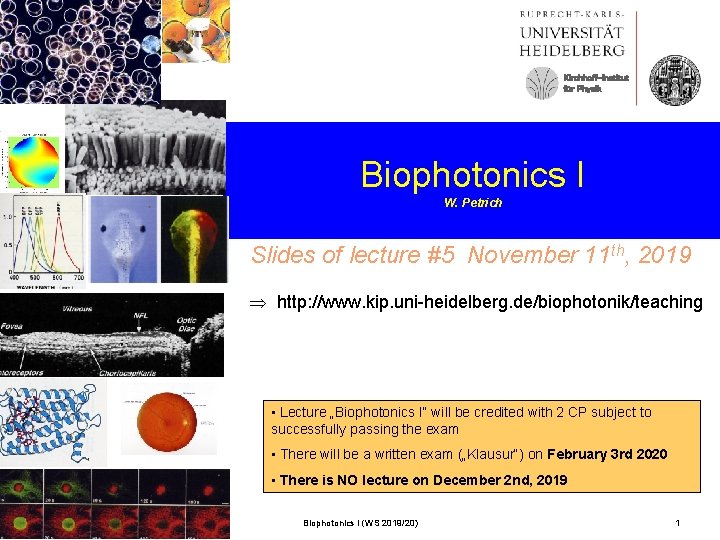 Kirchhoff-Institut für Physik Biophotonics I W. Petrich Slides of lecture #5 November 11 th,