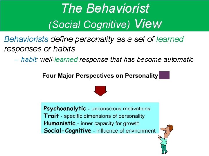 The Behaviorist (Social Cognitive) View Behaviorists define personality as a set of learned responses