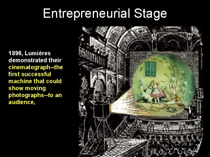 Entrepreneurial Stage 1896, Lumières demonstrated their cinematograph--the first successful machine that could show moving