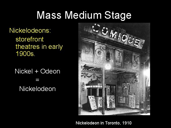 Mass Medium Stage Nickelodeons: storefront theatres in early 1900 s. Nickel + Odeon =