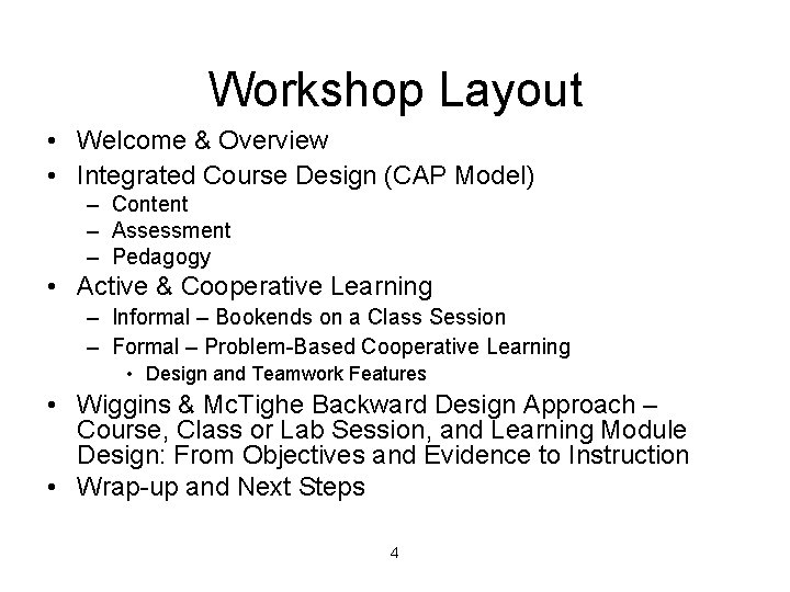 Workshop Layout • Welcome & Overview • Integrated Course Design (CAP Model) – Content