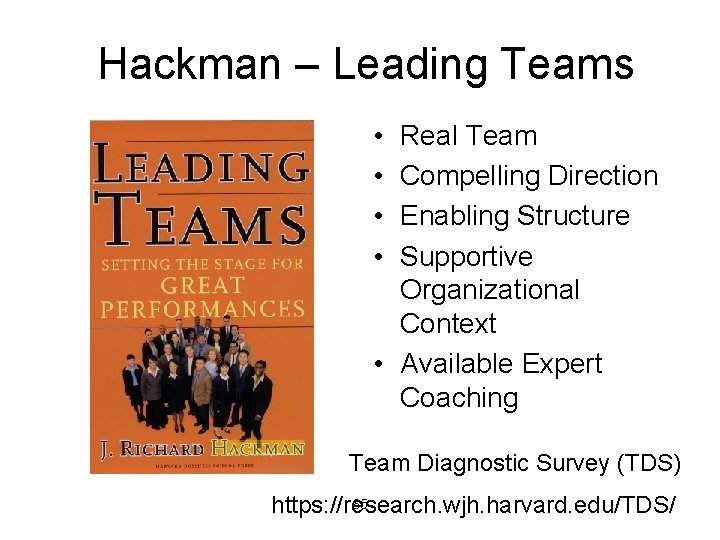 Hackman – Leading Teams • • Real Team Compelling Direction Enabling Structure Supportive Organizational