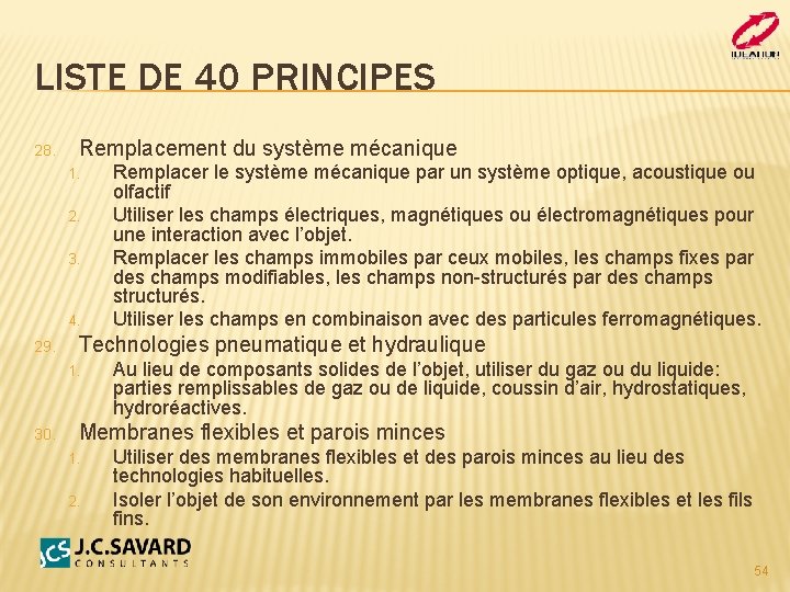LISTE DE 40 PRINCIPES 28. Remplacement du système mécanique 1. 2. 3. 4. 29.