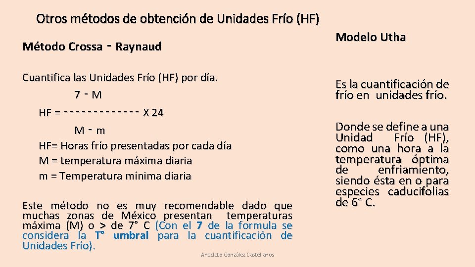 Otros métodos de obtención de Unidades Frío (HF) Modelo Utha Método Crossa ‑ Raynaud Otros métodos de obtención de Unidades Frío (HF) Modelo Utha Método Crossa ‑ Raynaud