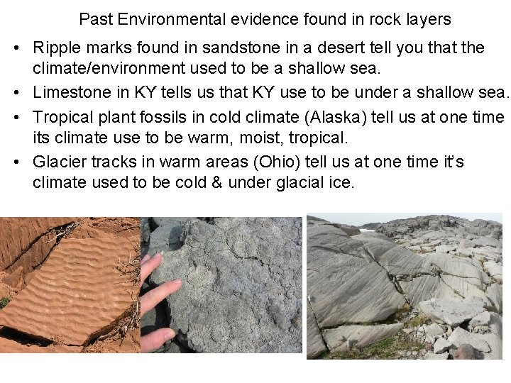 Past Environmental evidence found in rock layers • Ripple marks found in sandstone in