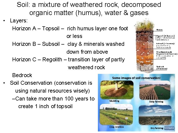 Soil: a mixture of weathered rock, decomposed organic matter (humus), water & gases •