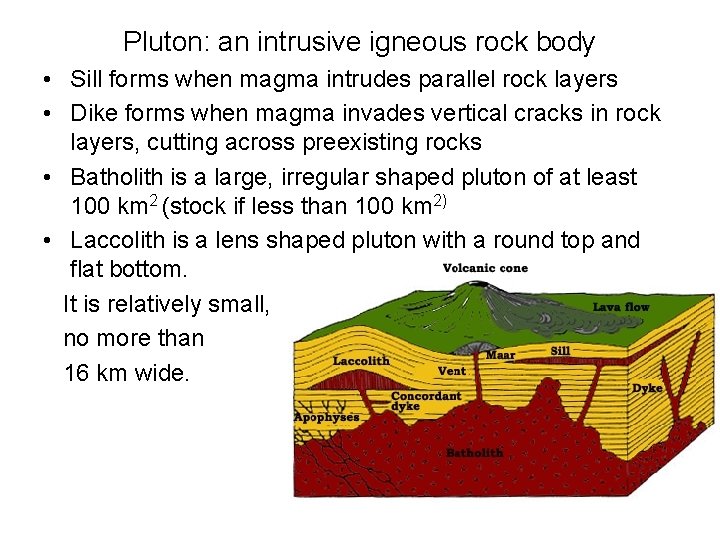 Pluton: an intrusive igneous rock body • Sill forms when magma intrudes parallel rock