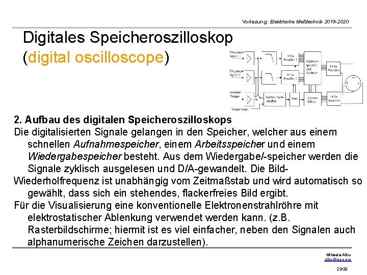 Vorlesung: Elektrische Meßtechnik 2019 -2020 Digitales Speicheroszilloskop (digital oscilloscope) 2. Aufbau des digitalen Speicheroszilloskops