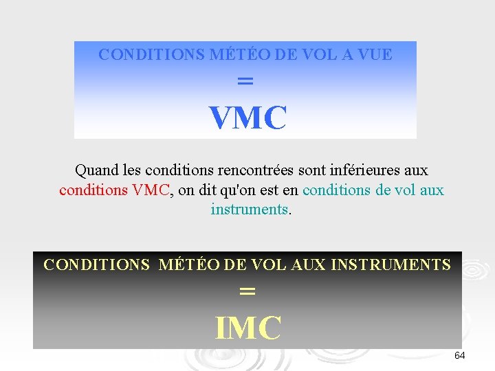 CONDITIONS MÉTÉO DE VOL A VUE = VMC Quand les conditions rencontrées sont inférieures