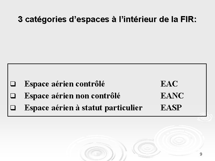 3 catégories d’espaces à l’intérieur de la FIR: Espace aérien contrôlé q Espace aérien
