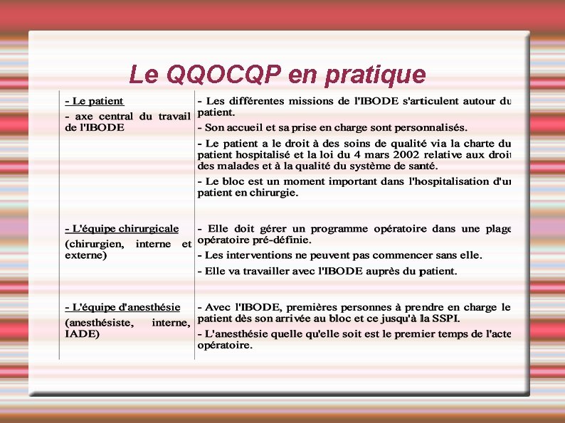 Le QQOCQP en pratique Le QQOCQP en pratique