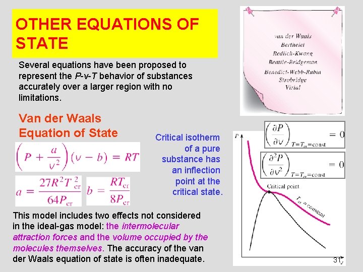 OTHER EQUATIONS OF STATE Several equations have been proposed to represent the P-v-T behavior