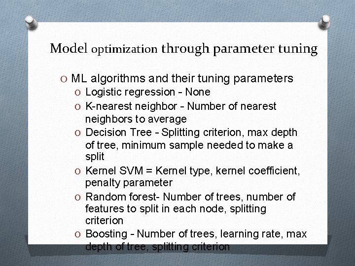 Model optimization through parameter tuning O ML algorithms and their tuning parameters O Logistic