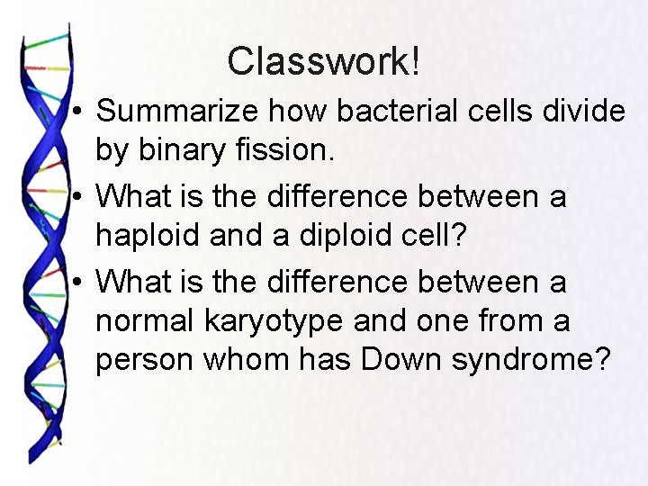 Classwork! • Summarize how bacterial cells divide by binary fission. • What is the