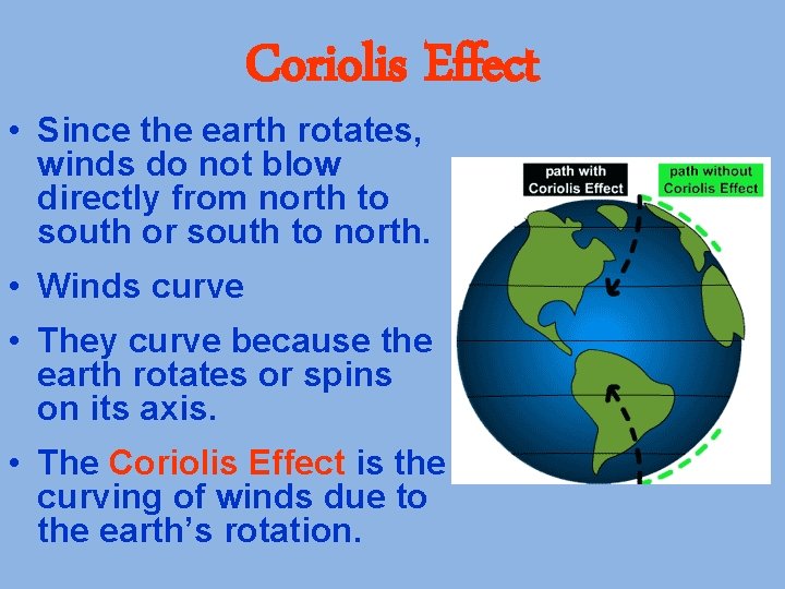 Coriolis Effect • Since the earth rotates, winds do not blow directly from north