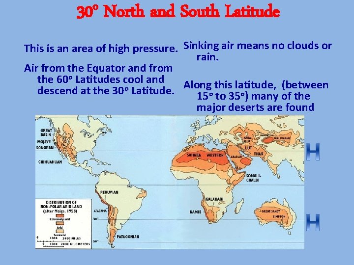 o 30 North and South Latitude This is an area of high pressure. Sinking