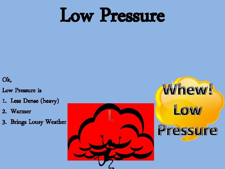 Low Pressure Ok, Low Pressure is 1. Less Dense (heavy) 2. Warmer 3. Brings