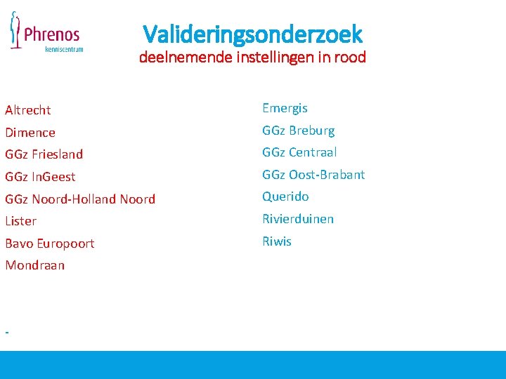 Valideringsonderzoek deelnemende instellingen in rood Altrecht Emergis Dimence GGz Breburg GGz Friesland GGz Centraal