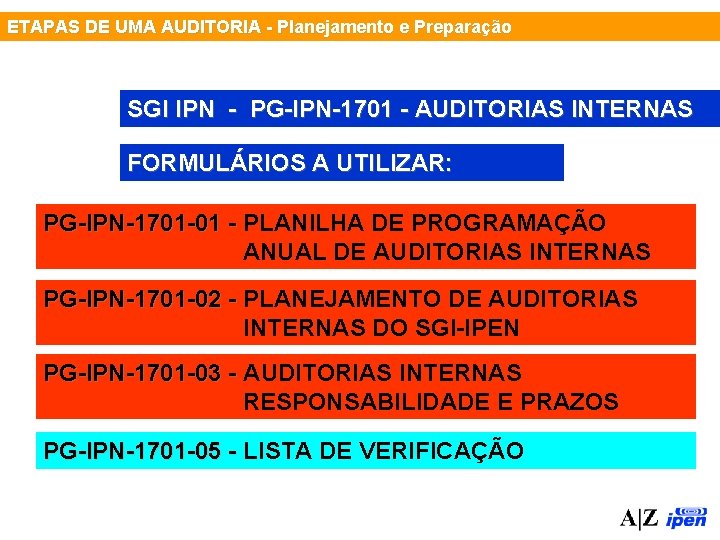 ETAPAS DE UMA AUDITORIA - Planejamento e Preparação SGI IPN - PG-IPN-1701 - AUDITORIAS