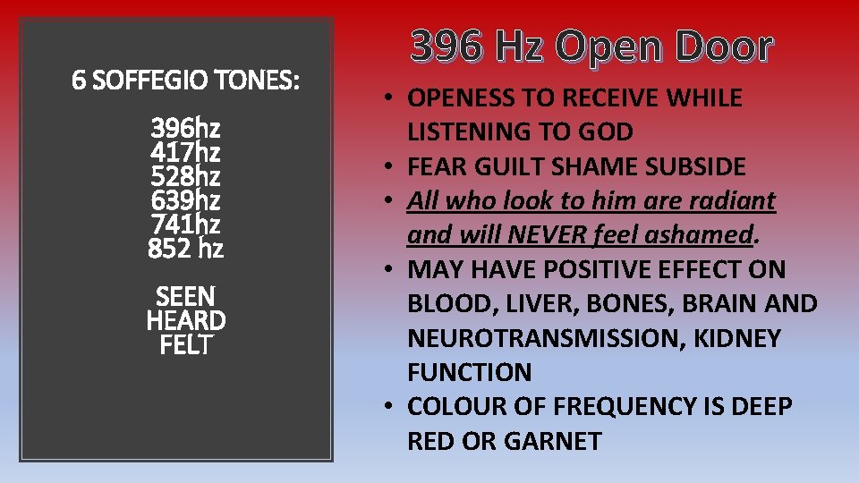 6 SOFFEGIO TONES: 396 hz 417 hz 528 hz 639 hz 741 hz 852