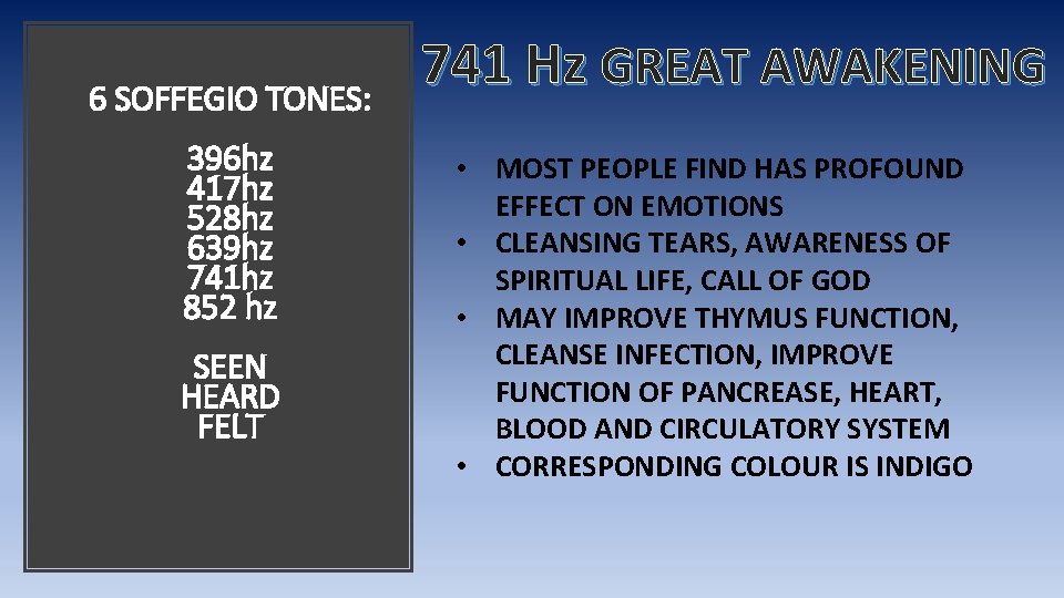 6 SOFFEGIO TONES: 396 hz 417 hz 528 hz 639 hz 741 hz 852