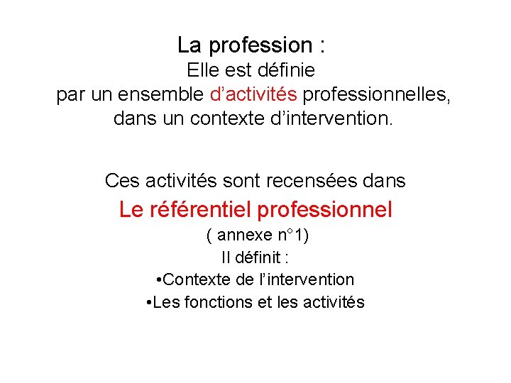 La profession : Elle est définie par un ensemble d’activités professionnelles, dans un contexte