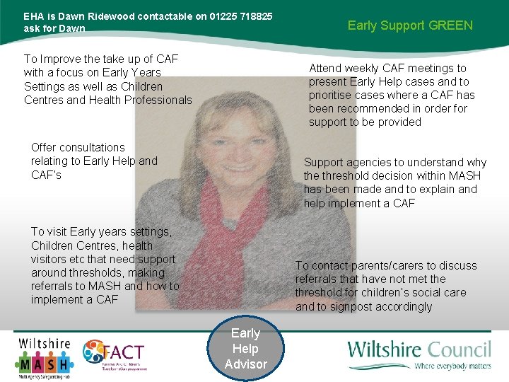 EHA is Dawn Ridewood contactable on 01225 718825 ask for Dawn To Improve the EHA is Dawn Ridewood contactable on 01225 718825 ask for Dawn To Improve the