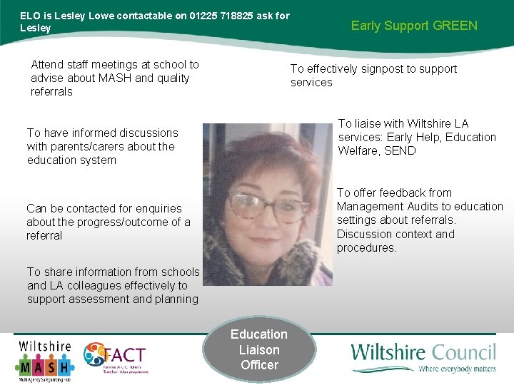 ELO is Lesley Lowe contactable on 01225 718825 ask for Lesley Attend staff meetings ELO is Lesley Lowe contactable on 01225 718825 ask for Lesley Attend staff meetings