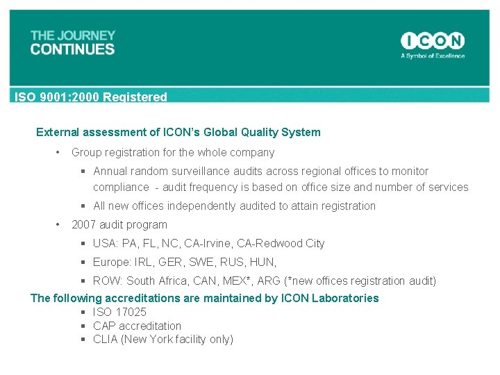 ISO 9001: 2000 Registered External assessment of ICON’s Global Quality System • Group registration