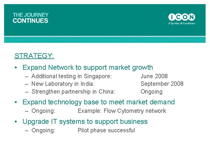 STRATEGY: • Expand Network to support market growth – Additional testing in Singapore: –