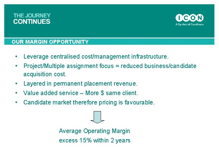 OUR MARGIN OPPORTUNITY • Leverage centralised cost/management infrastructure. • Project/Multiple assignment focus = reduced