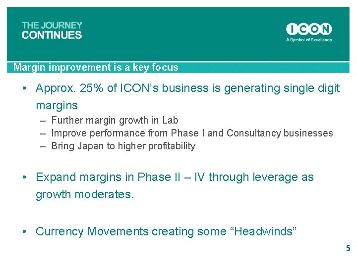 Margin improvement is a key focus • Approx. 25% of ICON’s business is generating
