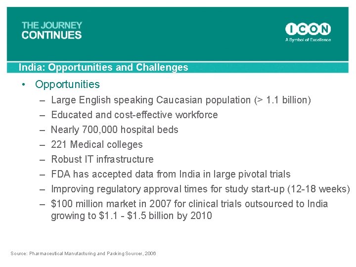 India: Opportunities and Challenges • Opportunities – – – – Large English speaking Caucasian