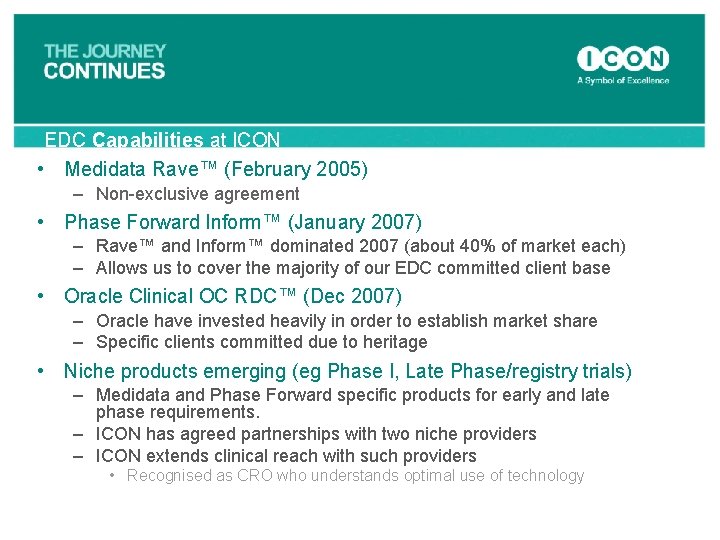 EDC Capabilities at ICON • Medidata Rave™ (February 2005) – Non-exclusive agreement • Phase