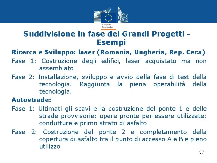 Suddivisione in fase dei Grandi Progetti Esempi Ricerca e Sviluppo: laser (Romania, Ungheria, Rep.