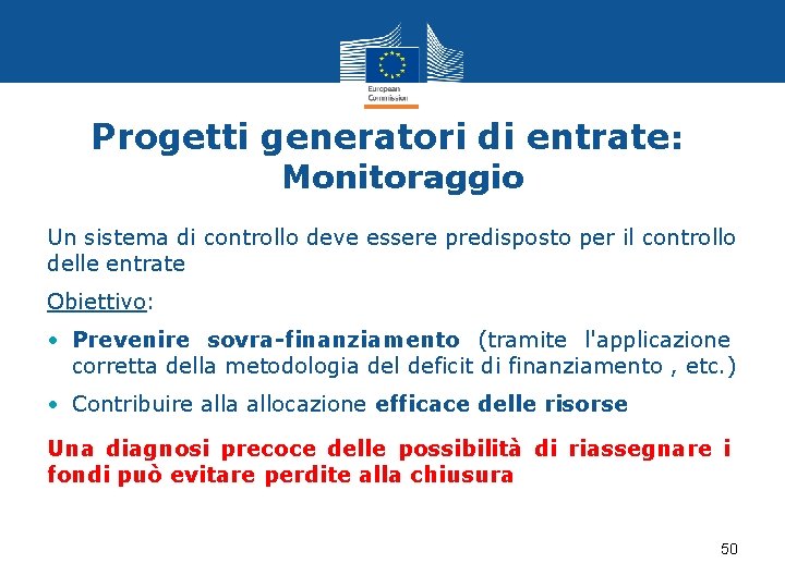 Progetti generatori di entrate: Monitoraggio Un sistema di controllo deve essere predisposto per il