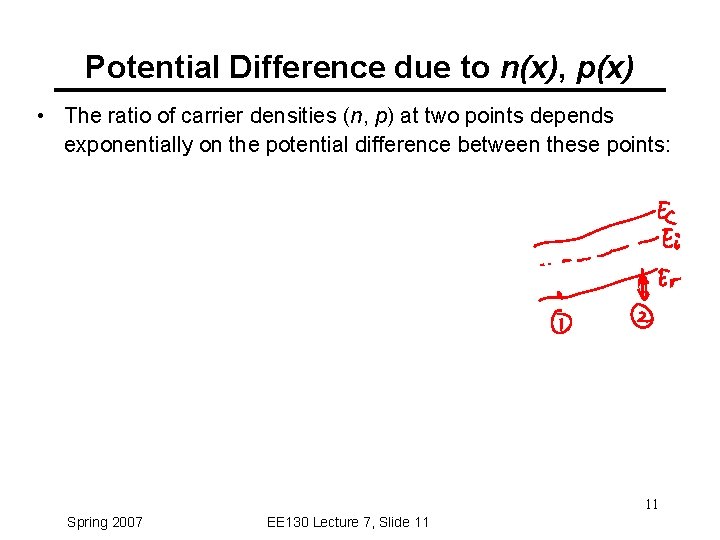 Potential Difference due to n(x), p(x) • The ratio of carrier densities (n, p)