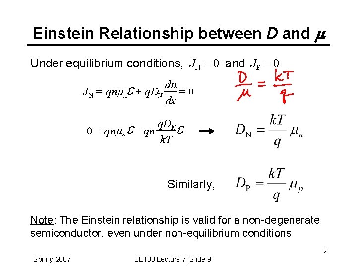 Einstein Relationship between D and m Under equilibrium conditions, JN = 0 and JP