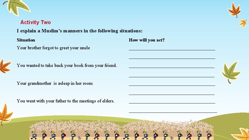 Activity Two I explain a Muslim's manners in the following situations: Situation How will