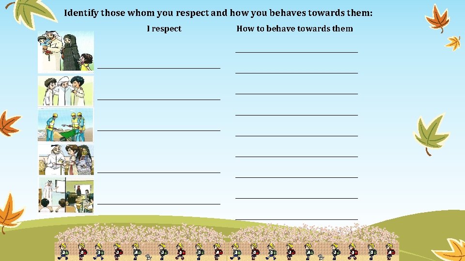Identify those whom you respect and how you behaves towards them: I respect How