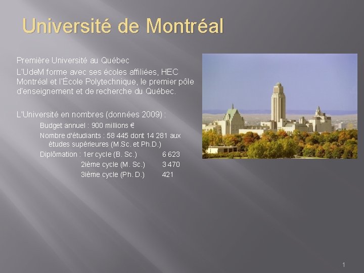 Université de Montréal Première Université au Québec L’Ude. M forme avec ses écoles affiliées,