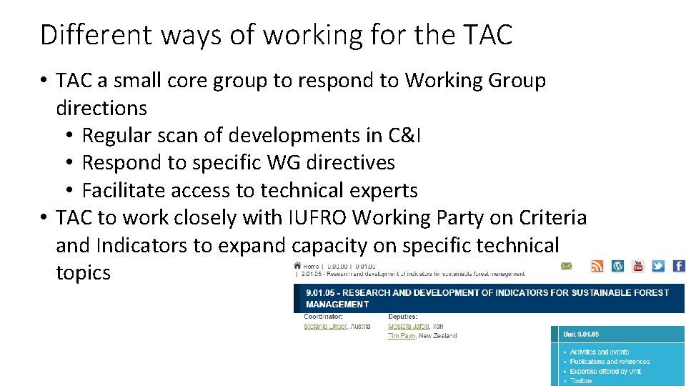 Different ways of working for the TAC • TAC a small core group to