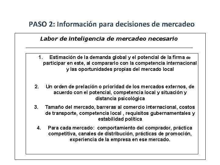 PASO 2: Información para decisiones de mercadeo Labor de inteligencia de mercadeo necesario 1.