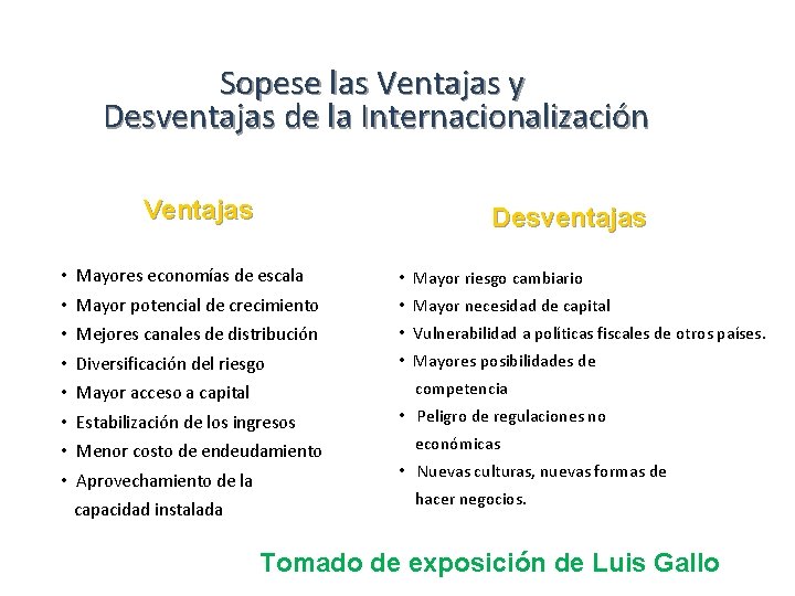 Sopese las Ventajas y Desventajas de la Internacionalización Ventajas Desventajas • Mayores economías de